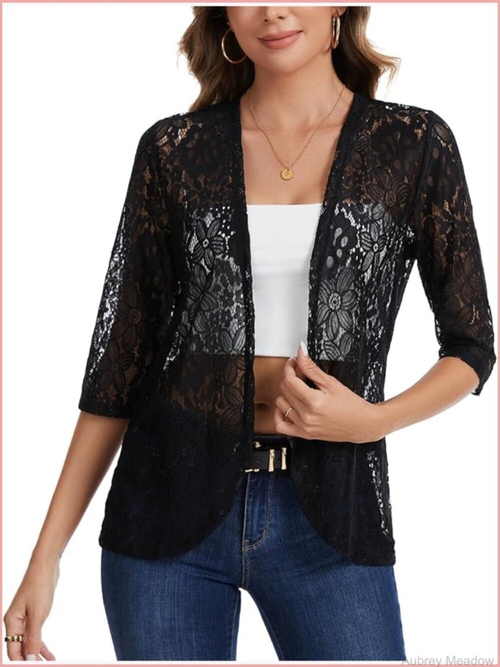 Women Floral Lace Cardigan Lightweight 3/4 Sleeve Open Front V-Neck